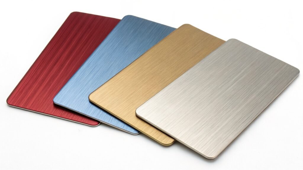 A collage showing different aluminum finishes: polished, brushed, anodized color, and raw forged matte.